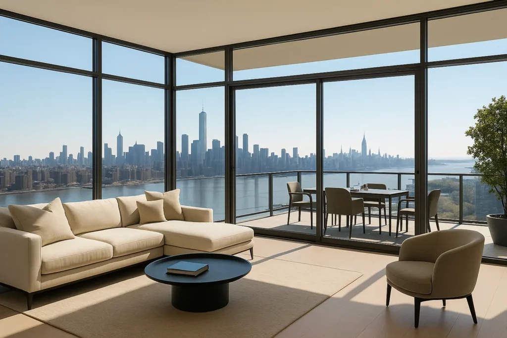 Wohnzimmer mit Couchtisch auf der linken Seite. Die Wände sind aus Glas. Auf der rechten Seite befindet sich ein Balkon mit einem Tisch und vier Stühlen. Im Hintergrund ist ein Fluss und eine Skyline zu sehen.