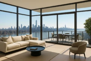 Wohnzimmer mit Couchtisch auf der linken Seite. Die Wände sind aus Glas. Auf der rechten Seite befindet sich ein Balkon mit einem Tisch und vier Stühlen. Im Hintergrund ist ein Fluss und eine Skyline zu sehen.